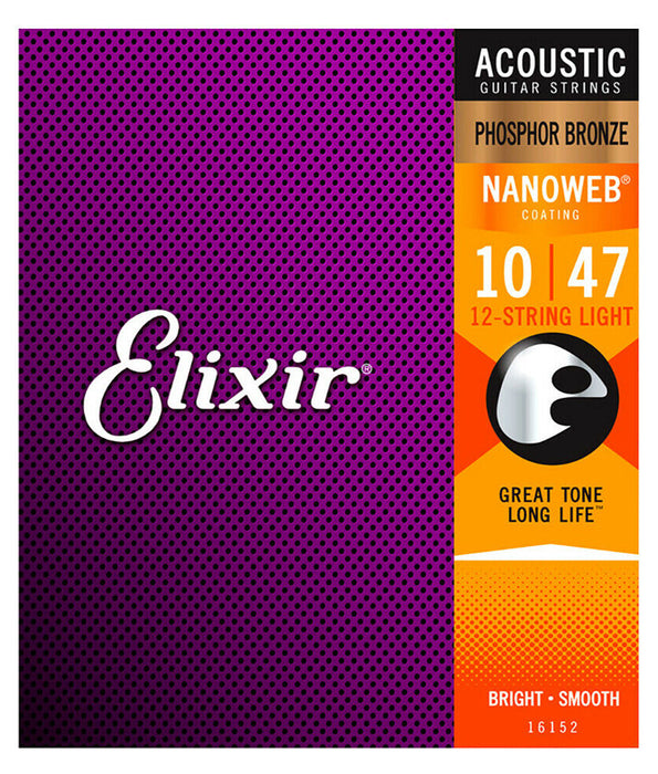 Elixir 12 -String Light Nanoweb Coating Phosphor Bronze Acoustic Guitar Strings