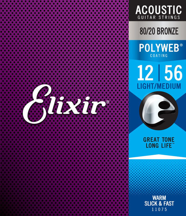 Elixir 11075 Polyweb 80/20 Bronze Light-Medium Acoustic Guitar Strings 12-56