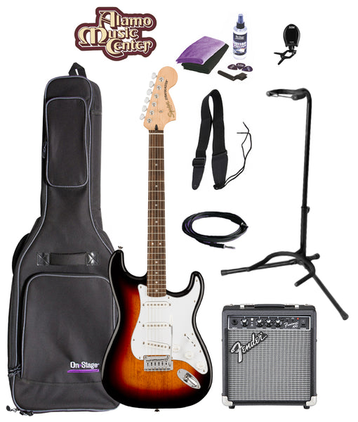 Electric Guitars | Squier | Squier Affinity Series Stratocaster, Laurel FB,  3-Color Sunburst Bundle w/ Gig Bag and Amp | alamomusiccenter.myshopify.com  — Alamo Music Center