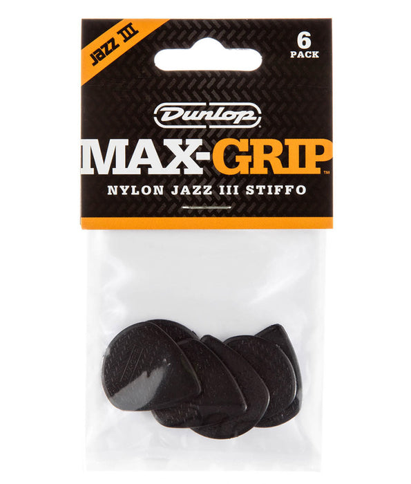 Dunlop 471P3S Max Grip Jazz III Nylon Stiffo Guitar Picks, Black, 6-Pack